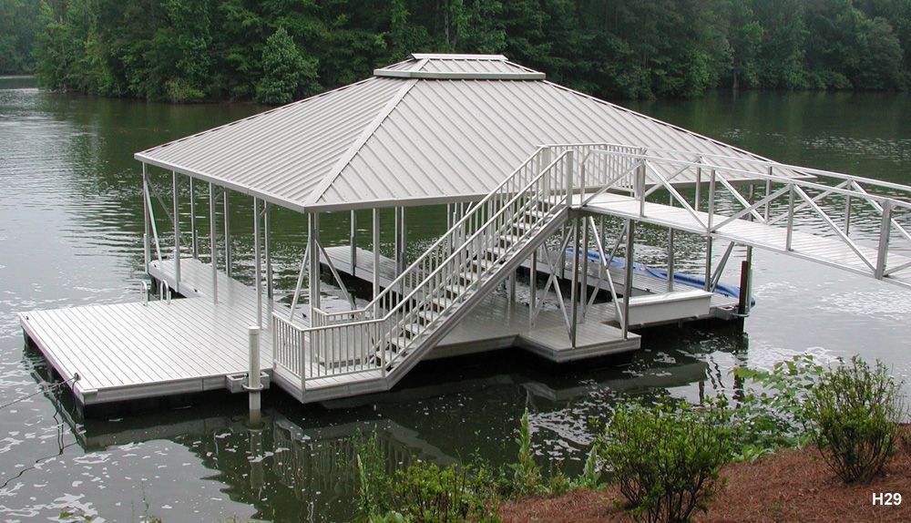 Silverstone decking, gray roof, with swim platform, swim ladder, dock locker, and elevation stairs - Dock Solutions of Kentucky | Lexington, KY