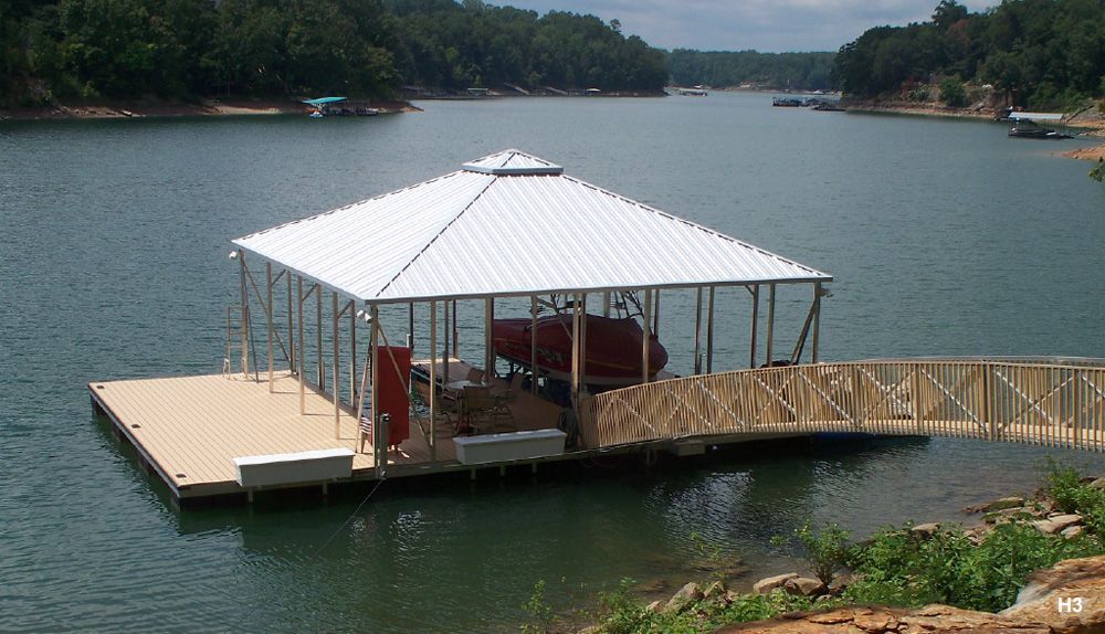 Golden clay decking and pickets, galvalume roof, with swim platform, swim ladder, dock lockers - Dock Solutions of Kentucky | Lexington, KY