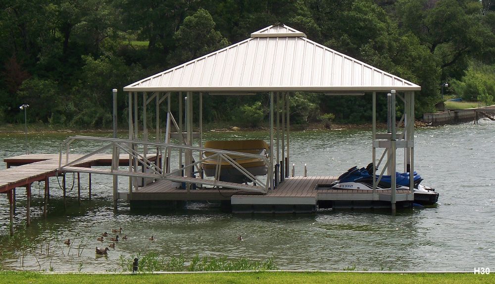 Buckskin decking, light stone roof, with PWC slip and swim ladder - Dock Solutions of Kentucky | Lexington, KY