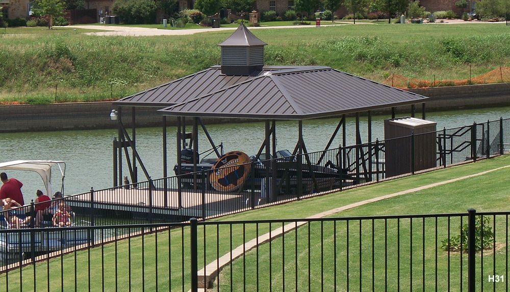 Buckskin decking, burnished slate roof and railings, with swim ladder and swim platform with L-roof and cupola - Dock Solutions of Kentucky | Lexington, KY