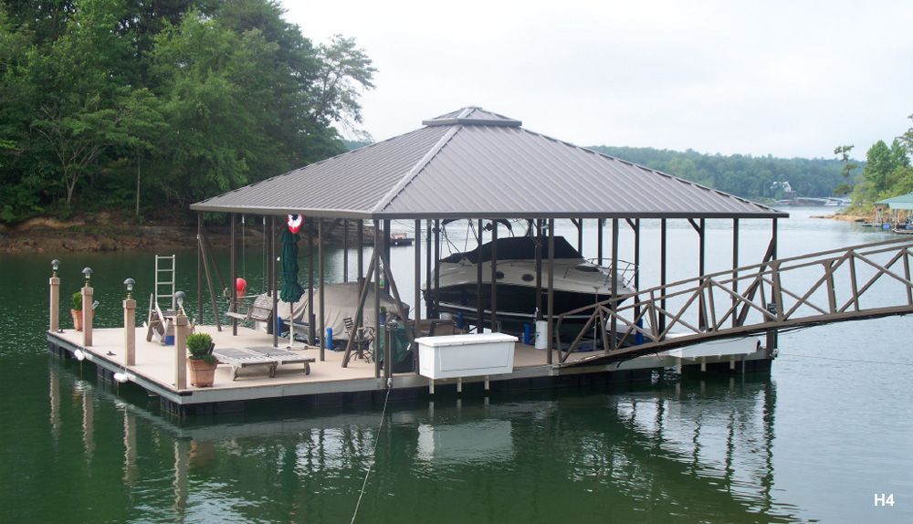 Buckskin decking, burnished slate roof and railing, with swim platform, swim ladder, dock lockers, and slip fill-in - Dock Solutions of Kentucky | Lexington, KY
