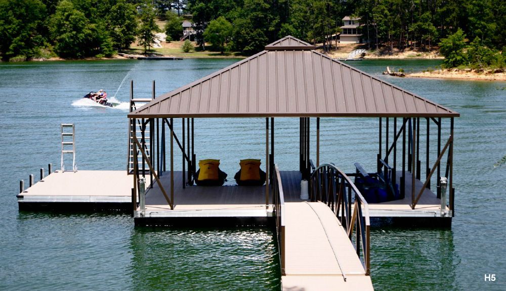 Buckskin roof, burnished slate roof and railing, with swim platform, swim ladder, PWC slip, and dive platform - Dock Solutions of Kentucky | Lexington, KY