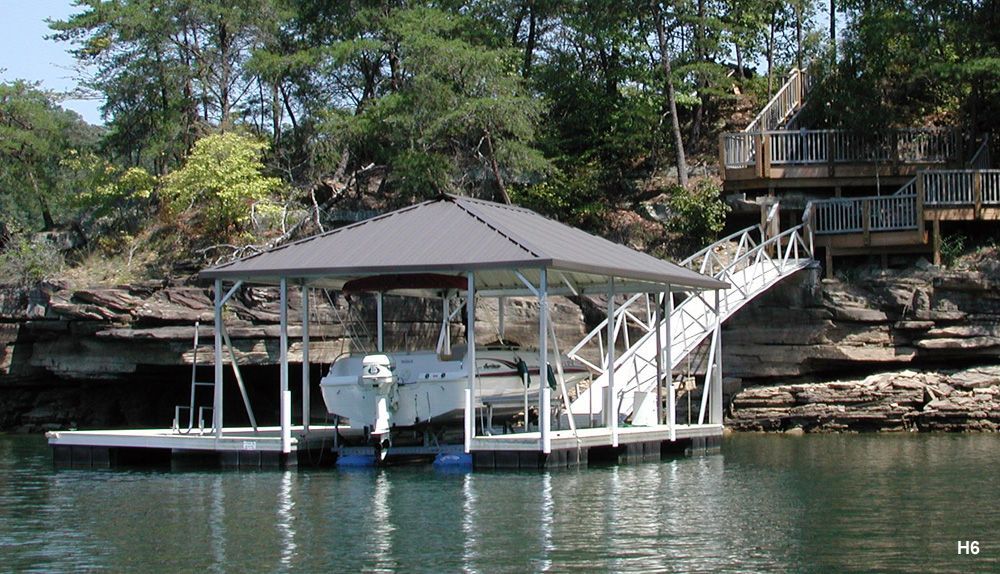 Silverstone decking, burnished slate roof, with full-length swim platform and swim ladder - Dock Solutions of Kentucky | Lexington, KY