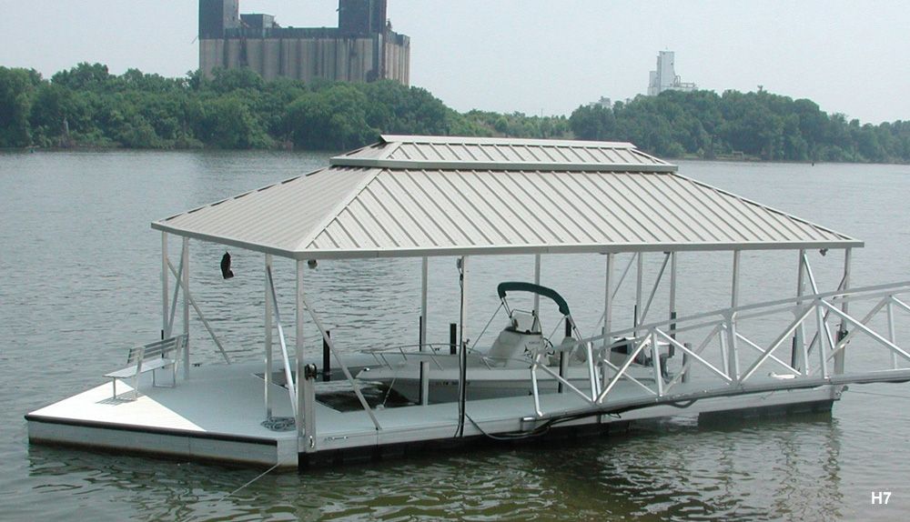 Silverstone decking, gray roof, with deflector platform and aluminum bench, parallel to shore - Dock Solutions of Kentucky | Lexington, KY