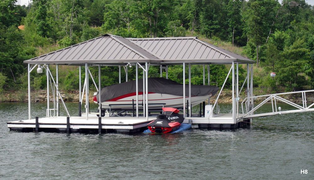 Silverstone decking, burnished slate roof, with swim platform, protected PWC space, and swim ladder - Dock Solutions of Kentucky | Lexington, KY