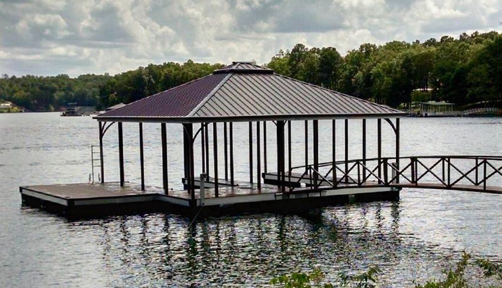 Hearthstone decking with burnished slate railings, posts, and roof - Dock Solutions of Kentucky | Lexington, KY