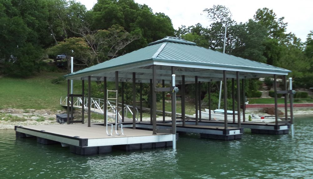 Buckskin decking with burnished slate railings and hunter green roof - Dock Solutions of Kentucky | Lexington, KY