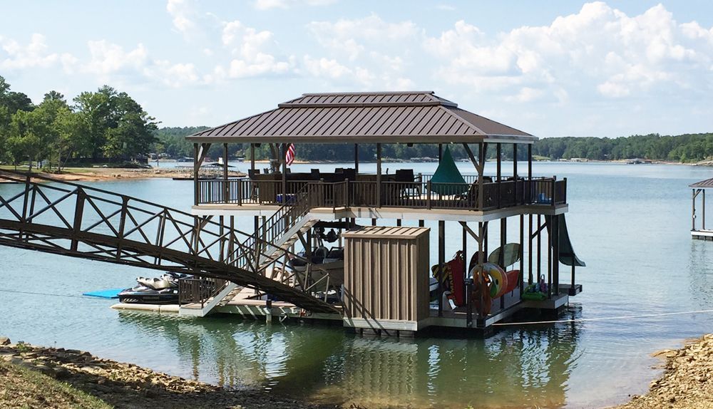 Burnished slate roof panels, posts, and railings matched seamlessly with buckskin decking - Dock Solutions of Kentucky | Lexington, KY