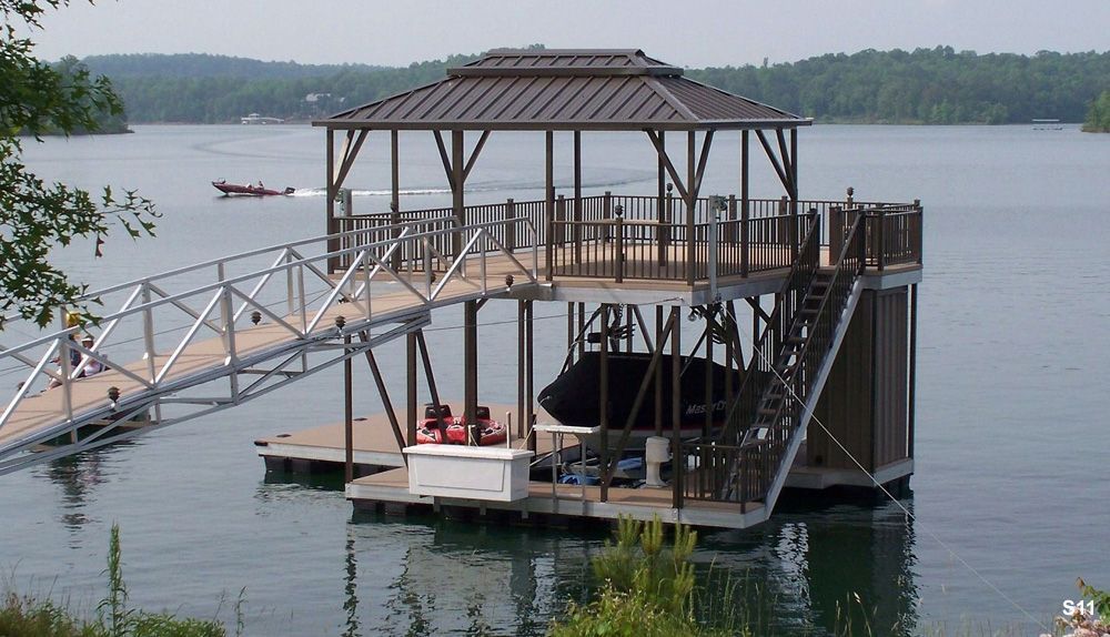 Buckskin decking, burnished slate roof and railings, with swim platform, filet stand, closet, and hip shade - Dock Solutions of Kentucky | Lexington, KY