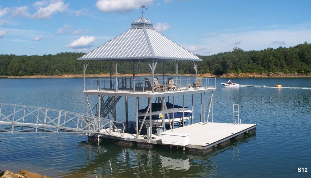 Silverstone decking, galvalume roof, cable railings, with swim platform, dock locker, swim ladder, and hip shade - Dock Solutions of Kentucky | Lexington, KY