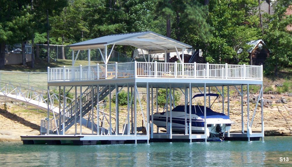 Silverstone decking and railings, charcoal roof, with swim platform, swim ladder, and gable shade - Dock Solutions of Kentucky | Lexington, KY