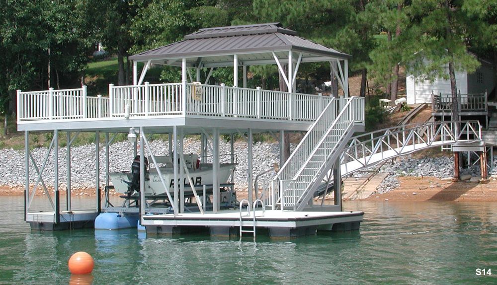 Silverstone decking and railings, burnished slate roof, with swim platform, swim ladder, and hip shade with decorative ridge - Dock Solutions of Kentucky | Lexington, KY