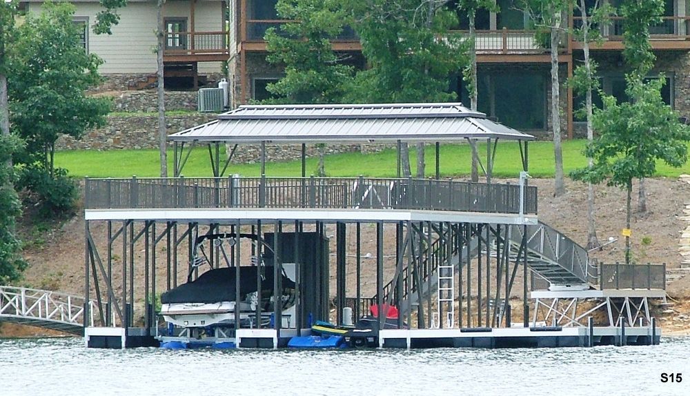 Buckskin decking, burnished slate roof and railings, with swim platform, closet, and hip shade with decorative ridge - Dock Solutions of Kentucky | Lexington, KY