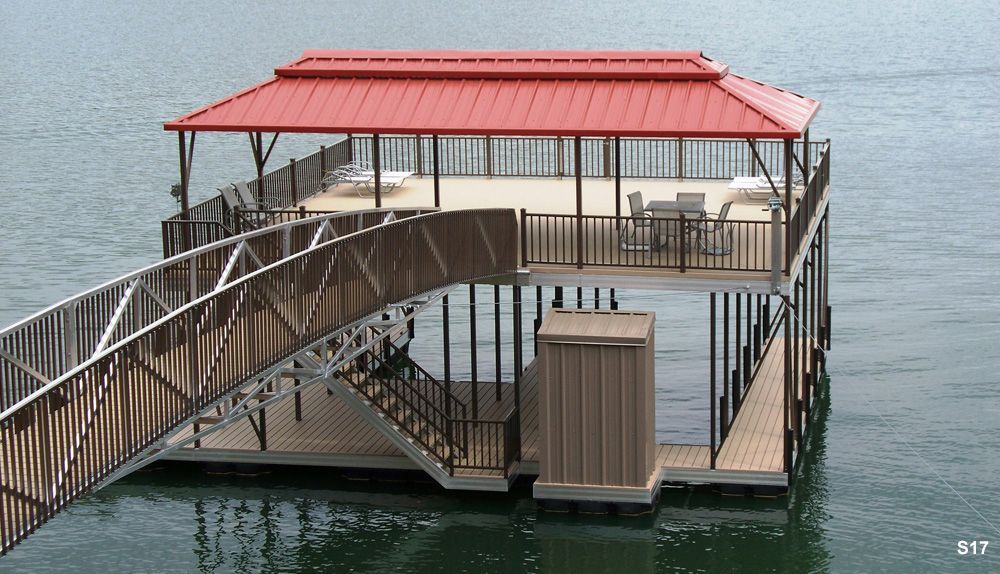 Buckskin decking, rustic roof, burnished slate railing, with PWC slip, closet, ramp pickets, and hip shade with decorative ridge - Dock Solutions of Kentucky | Lexington, KY
