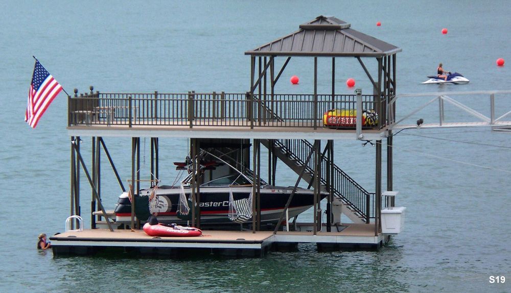 Buckskin decking, burnished slate roof and railings, with swim platform, closet, dock locker, filet stand, and hp shade - Dock Solutions of Kentucky | Lexington, KY