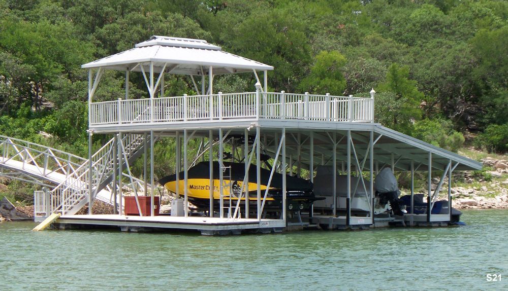 Silverstone decking and railings, gray roof, with swim platform, PWC roof cover, and hip shade with decorative ridge - Dock Solutions of Kentucky | Lexington, KY