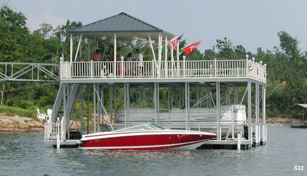 Silverstone decking and railings, charcoal roof, with swim platform, swim ladder and hip shade - Dock Solutions of Kentucky | Lexington, KY