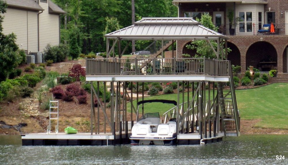 Buckskin decking, burnished slate roof and railings, with swim platform, dock locker, and hip shade with decorative ridge - Dock Solutions of Kentucky | Lexington, KY