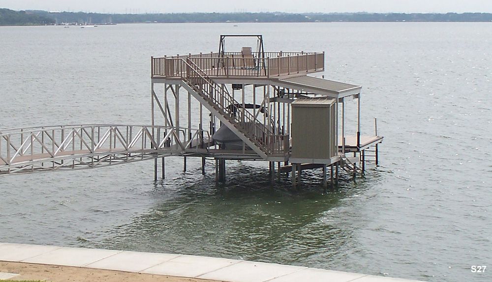 Buckskin decking and railings, with swim platform, PWC roof, closet, and swim ladder - Dock Solutions of Kentucky | Lexington, KY