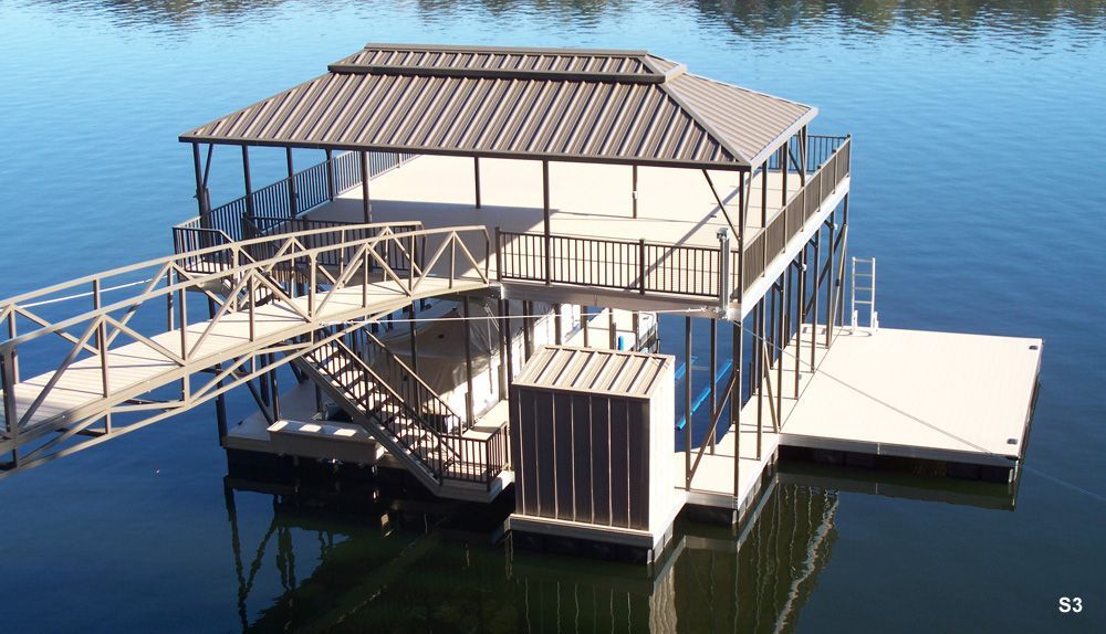 Buckskin decking, burnished slate roof and railings, with swim platform, closet, dock locker, and hip shade - Dock Solutions of Kentucky | Lexington, KY