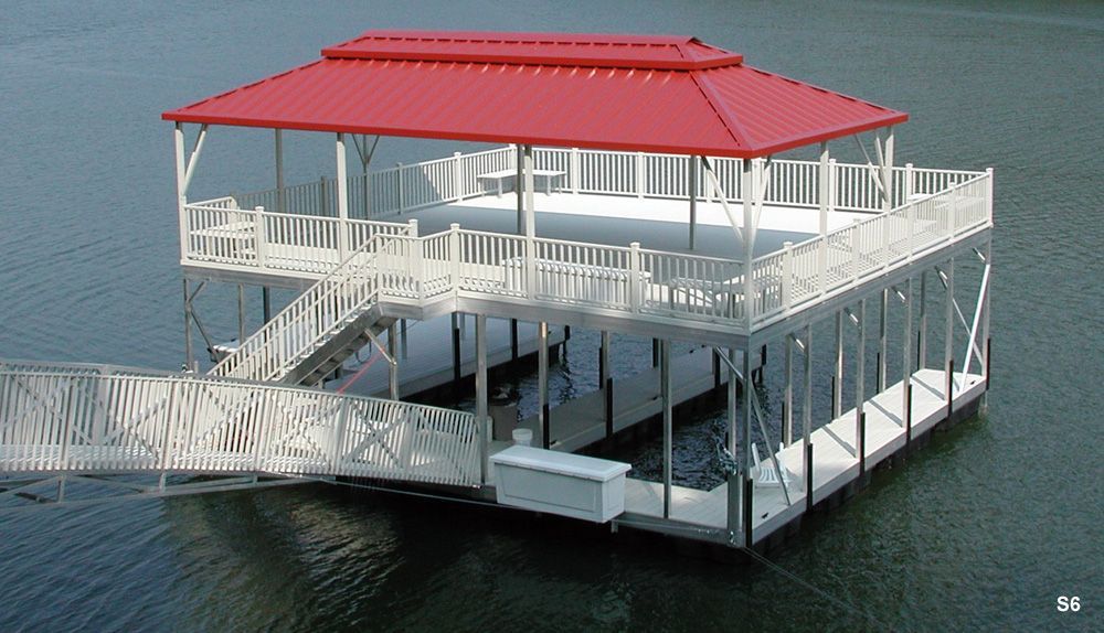 Silverstone decking and railing, crimson roof, with swim platform, ramp pickets, dock locker, and hip shade - Dock Solutions of Kentucky | Lexington, KY