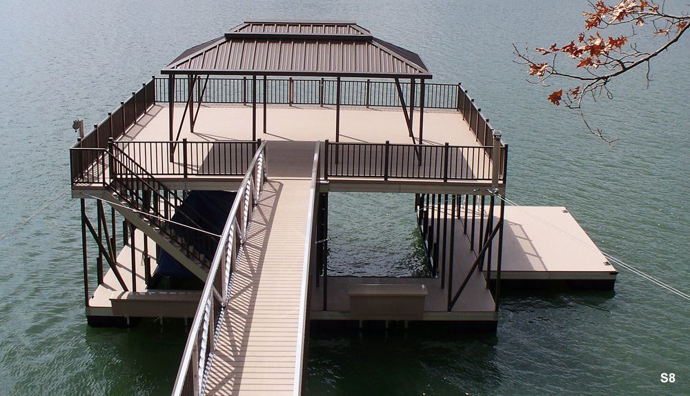 Buckskin decking, burnished slate roof and railings, with swim platform, dock lockers, ramp pickets, and hip shades - Dock Solutions of Kentucky | Lexington, KY
