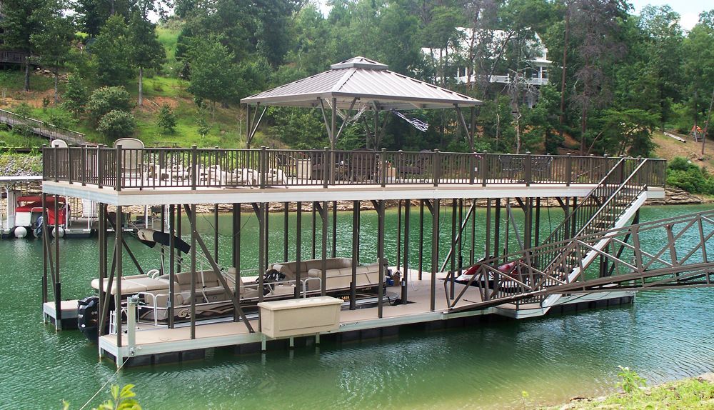 Double deck with buckskin decking and burnished slate railings and hip roof - Dock Solutions of Kentucky | Lexington, KY