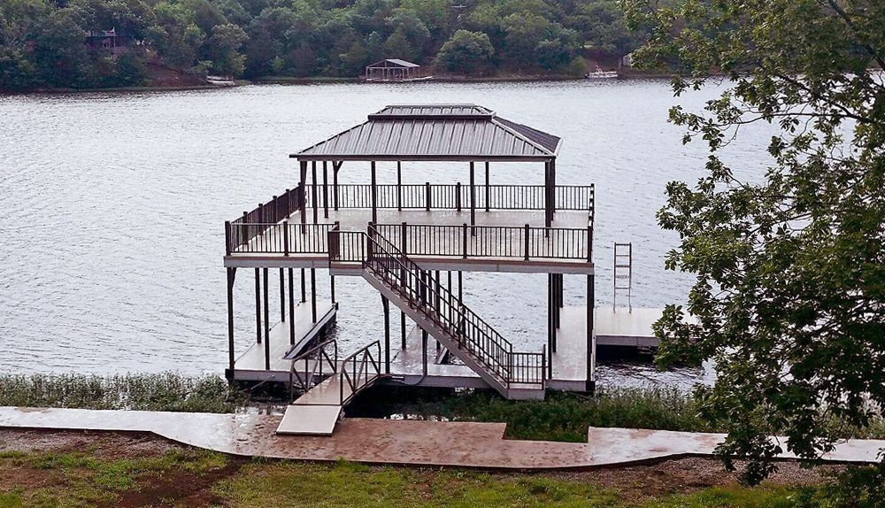 Buckskin decking matched with burnished slate roof and railings - Dock Solutions of Kentucky | Lexington, KY