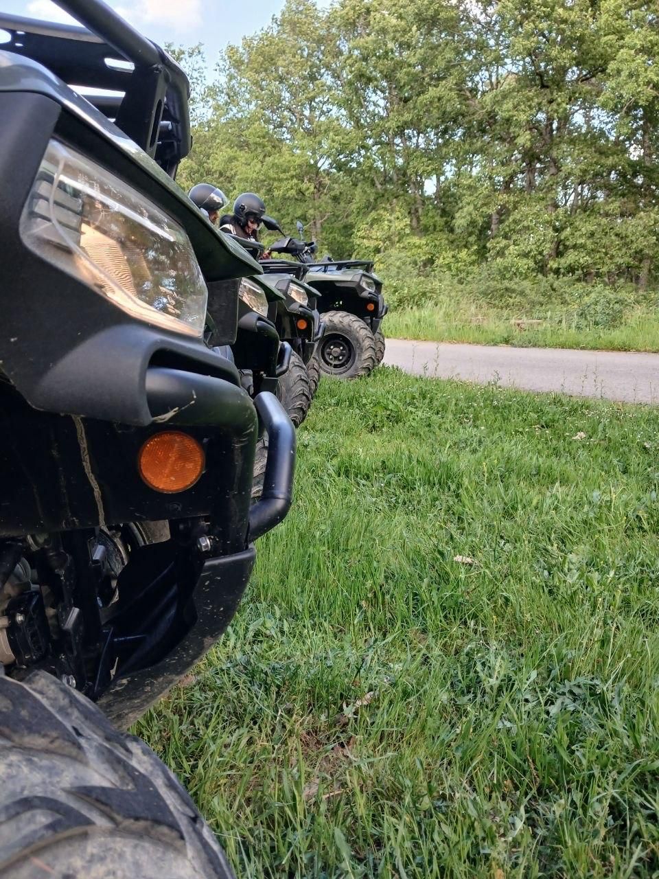 Two black ATVs parked on a grassy roadside near trees