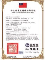 台灣勞動部頒發給聖力國際發展有限公司的私立就業服務機構許可證,證明合法經營。
