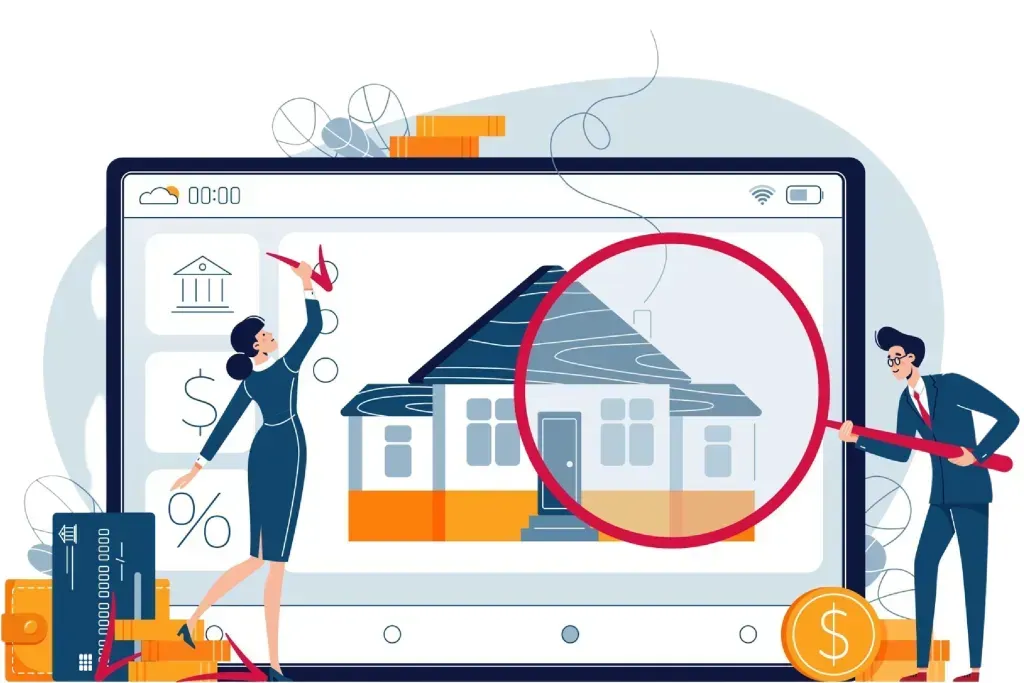 A man and a woman are looking at a house through a magnifying glass.