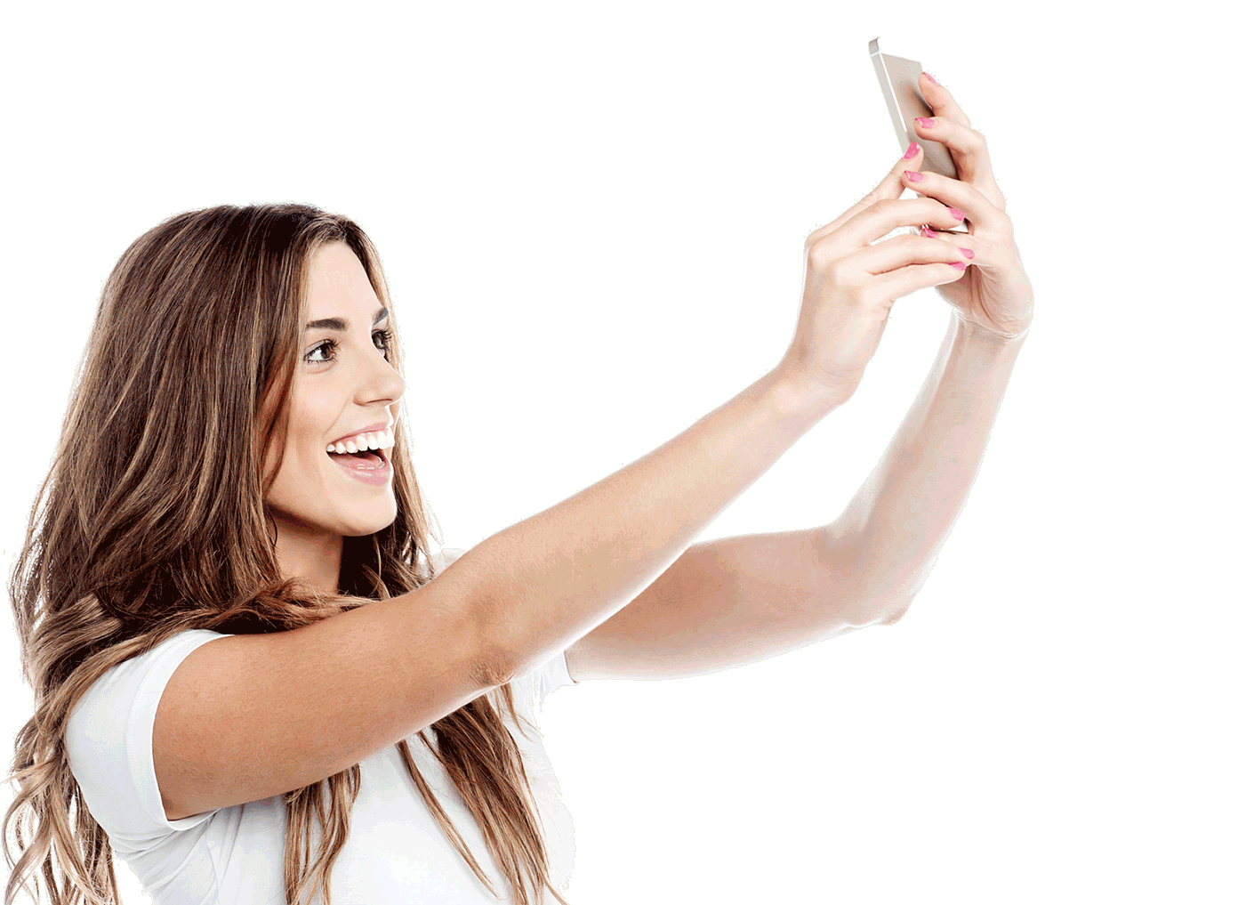 A woman is taking a selfie with her cell phone.