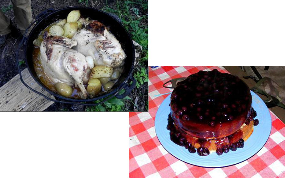 A pan of food and a cake on a checkered table cloth