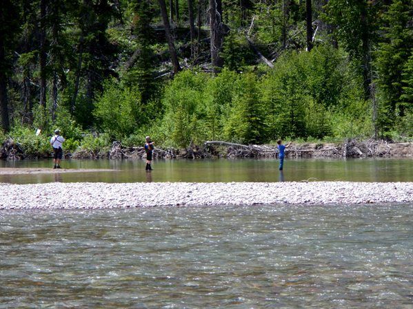 Two people are fishing in a river with trees in the background.