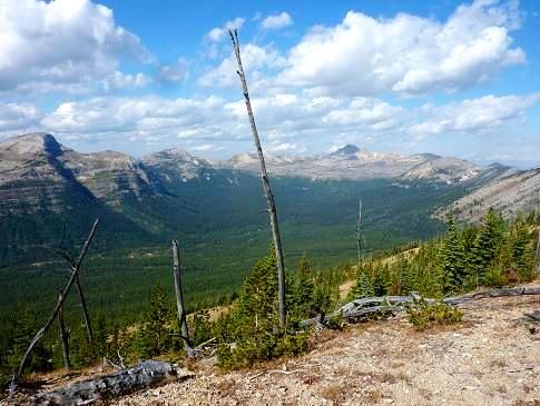 A view of a mountain valley with trees and mountains in the background.