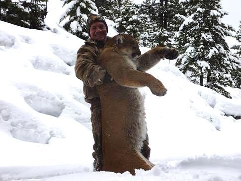 A man is holding a mountain lion cub in the snow.