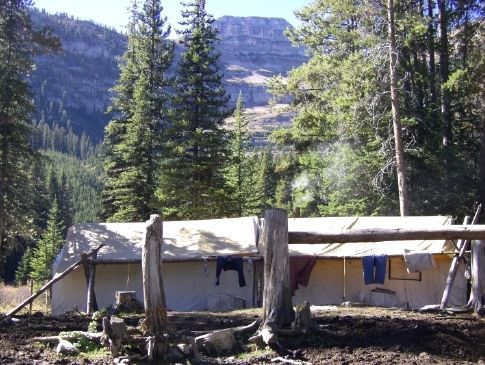A tent in the middle of a forest with mountains in the background