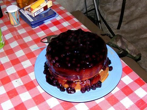 A blue plate with a cake on it on a checkered table cloth