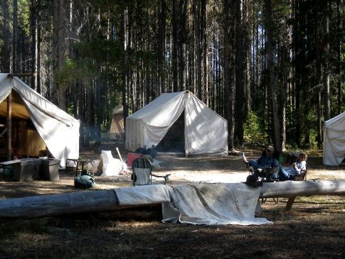 A group of tents are set up in the middle of a forest