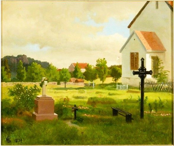 Hans Gude malte bildet ovenfor i 1854. Bildet viser gamle Asker kirke, med kirkegård og prestegården