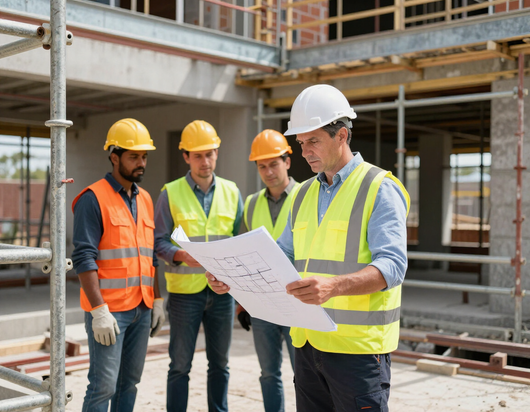 Quattro operai edili, con elmetti e giubbotti di sicurezza, sono in piedi in un cantiere e stanno esaminando insieme una planimetria.