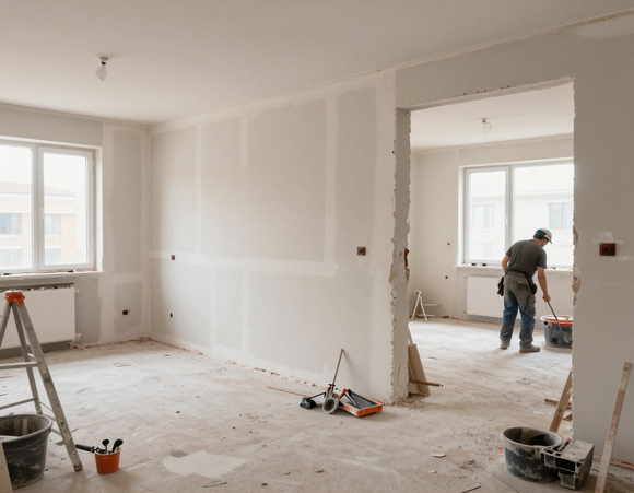 Un operaio edile si trova in una stanza in ristrutturazione, con le pareti in cartongesso già installate, attrezzi e secchi sparsi sul pavimento.
