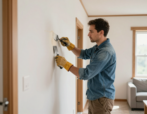 Una persona con indosso guanti da lavoro utilizza due spatole per riparare una parete chiara in una casa.