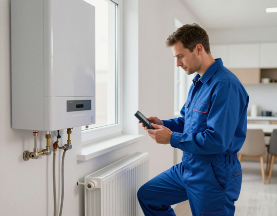 Un tecnico in tuta blu controlla un dispositivo mentre ispeziona una caldaia bianca a parete in un luminoso interno domestico.