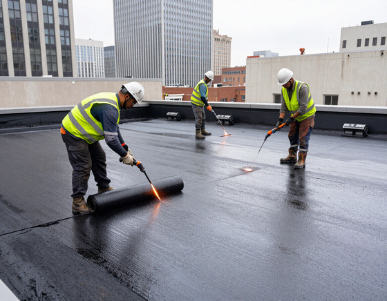 Tre operai con giubbotti ad alta visibilità utilizzano cannelli ossiacetilenici per installare una membrana impermeabilizzante sul tetto di un edificio cittadino.