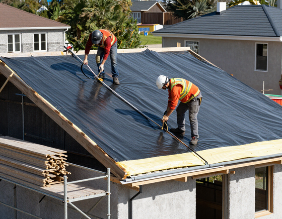 Due operai edili, con indosso giubbotti e caschi ad alta visibilità, installano un sottostrato nero per la copertura del tetto di una casa.