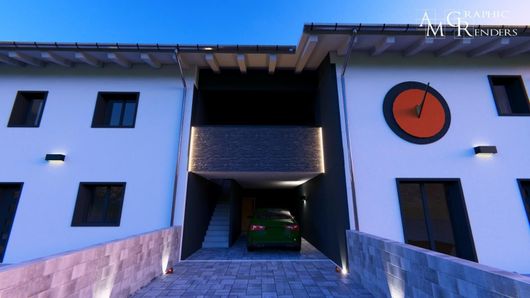 Una moderna casa a due piani al crepuscolo, caratterizzata da pareti bianche, un ingresso in pietra scura con un'auto e un orologio a muro arancione.