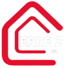 Il contorno rosso di una casa con la scritta bianca "ERRE 2 SRL" all'interno.