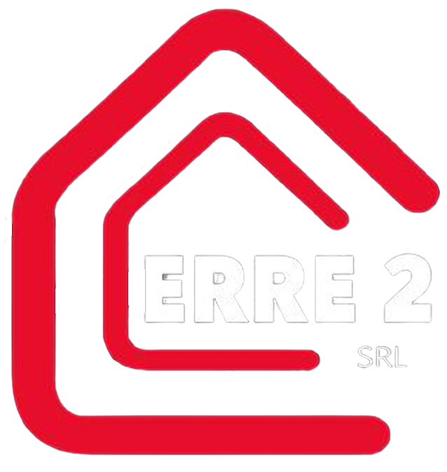 Il contorno rosso di una casa con la scritta bianca "ERRE 2 SRL" all'interno.