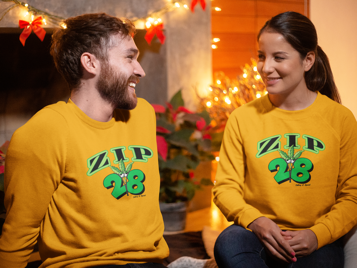 A man and a woman are sitting next to each other wearing yellow sweaters.